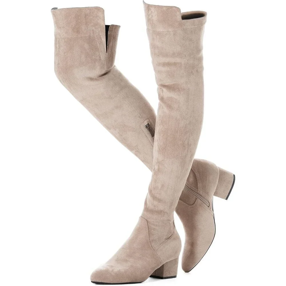 Women's Cream High  Thigh Low Block Heel Stylish Boots